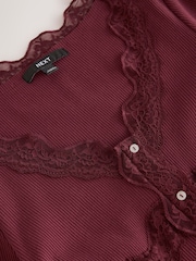 Wine Red Long Sleeve V-Neck Ribbed Lace Trim Top - Image 6 of 7