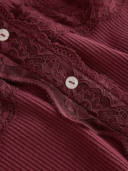 Wine Red Long Sleeve V-Neck Ribbed Lace Trim Top - Image 7 of 7