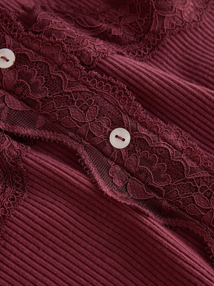 Wine Red Long Sleeve V-Neck Ribbed Lace Trim Top - Image 7 of 7