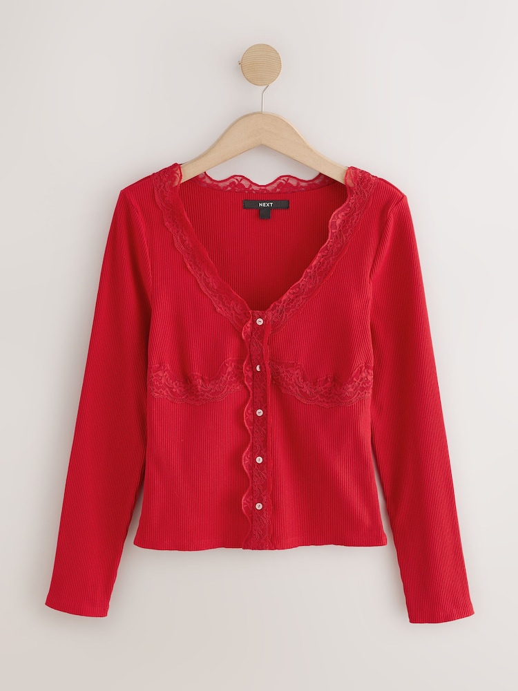 Burgundy Red Long Sleeve V-Neck Ribbed Lace Trim Top - Image 1 of 3