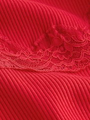 Burgundy Red Long Sleeve V-Neck Ribbed Lace Trim Top - Image 2 of 3
