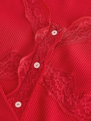 Burgundy Red Long Sleeve V-Neck Ribbed Lace Trim Top - Image 3 of 3