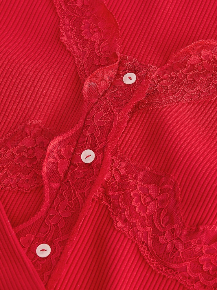 Burgundy Red Long Sleeve V-Neck Ribbed Lace Trim Top - Image 3 of 3