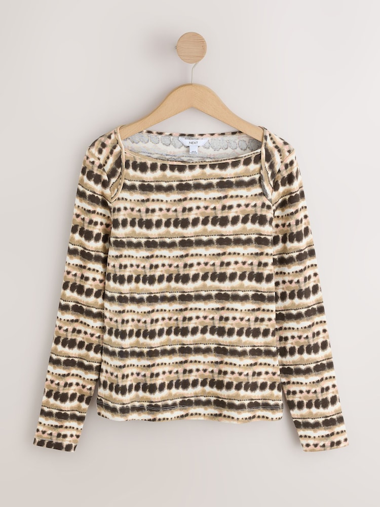 Brown Printed Long Sleeve Ribbed Boat Neck Top - Image 1 of 3