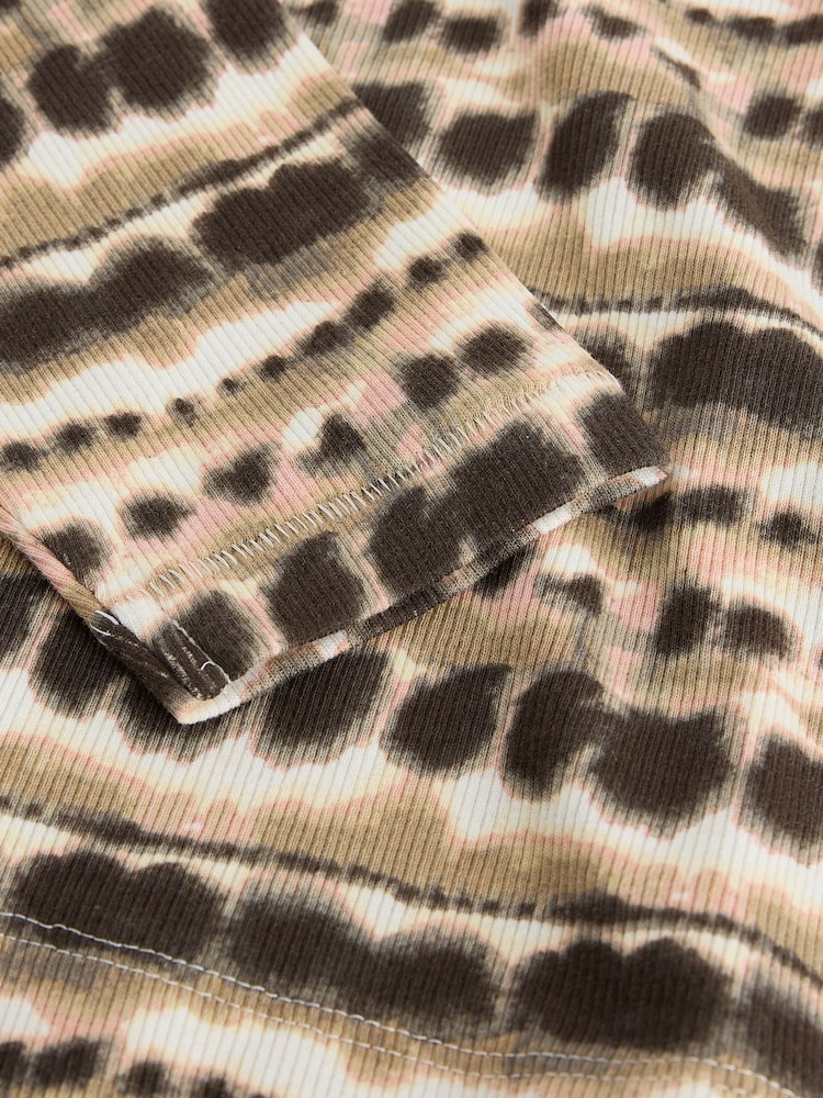 Brown Printed Long Sleeve Ribbed Boat Neck Top - Image 2 of 3