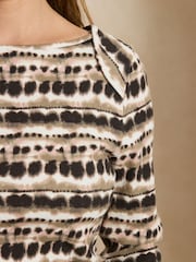 Brown Printed Long Sleeve Ribbed Boat Neck Top - Image 4 of 7