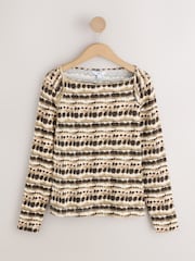 Brown Printed Long Sleeve Ribbed Boat Neck Top - Image 5 of 7