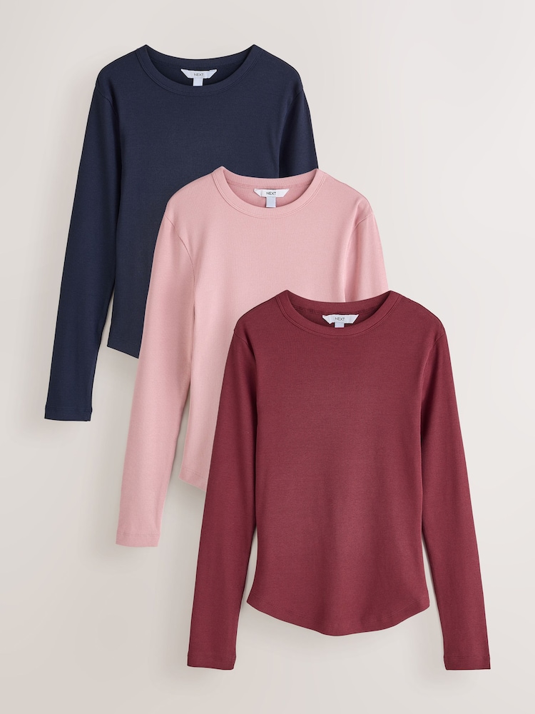 Blue/Pink/Brown Long Sleeve Crew Neck Ribbed Tops 3 Pack - Image 1 of 6