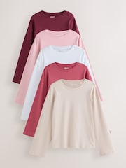 Brown/Pink/White Long Sleeve Boxy Fit T-Shirts 5 Pack - Image 1 of 8