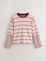 Pink Stripe Relaxed Fit Layered Long Sleeve T-Shirt - Image 1 of 3