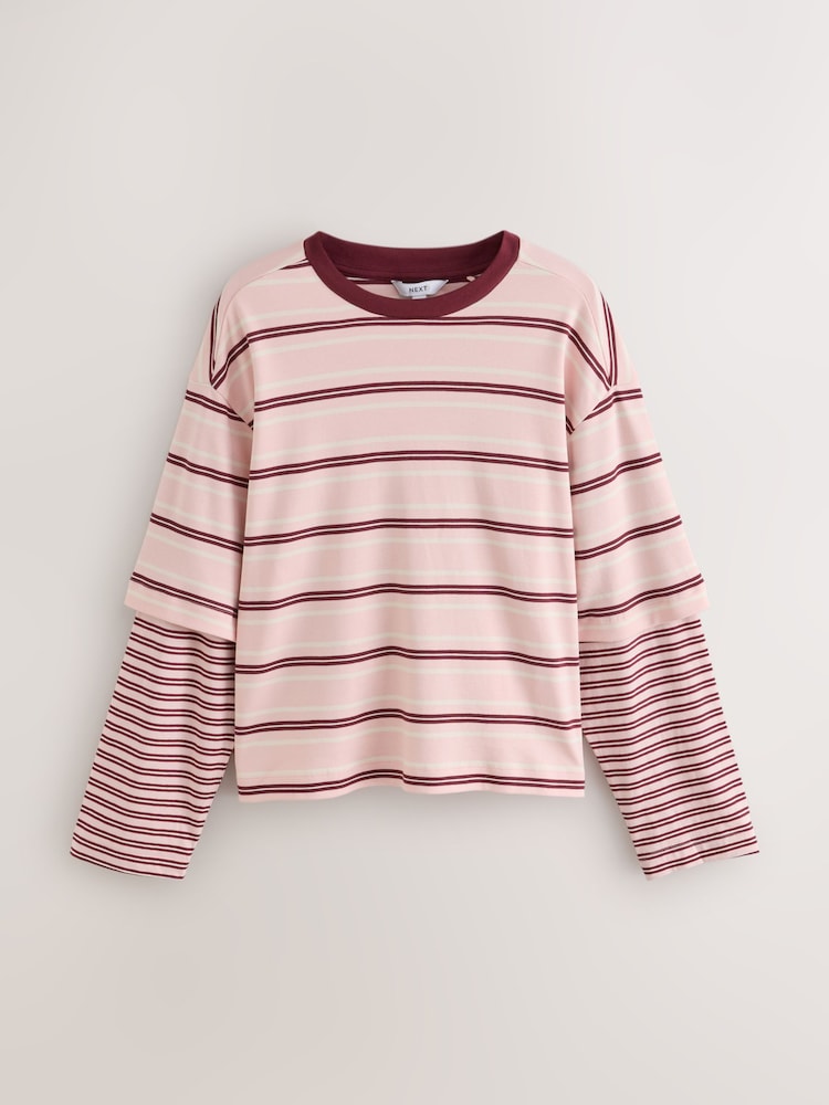 Pink Stripe Relaxed Fit Layered Long Sleeve T-Shirt - Image 1 of 3 Pink Stripe Relaxed Fit Layered Long Sleeve T-Shirt - Image 1 of 3