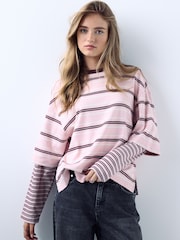 Pink Stripe Relaxed Fit Layered Long Sleeve T-Shirt - Image 4 of 9