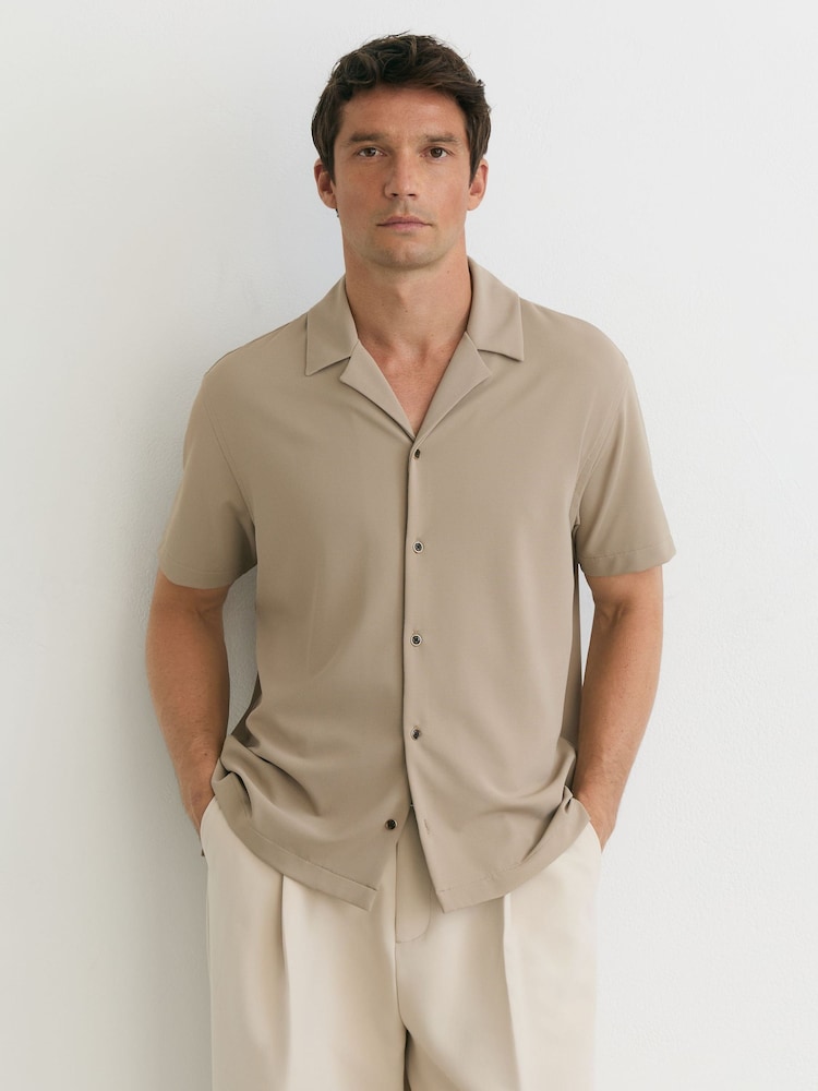 Reiss Stone River Stretch Textured Cuban-Collar Shirt - Image 1 of 6 Reiss Stone River Stretch Textured Cuban-Collar Shirt - Image 1 of 6