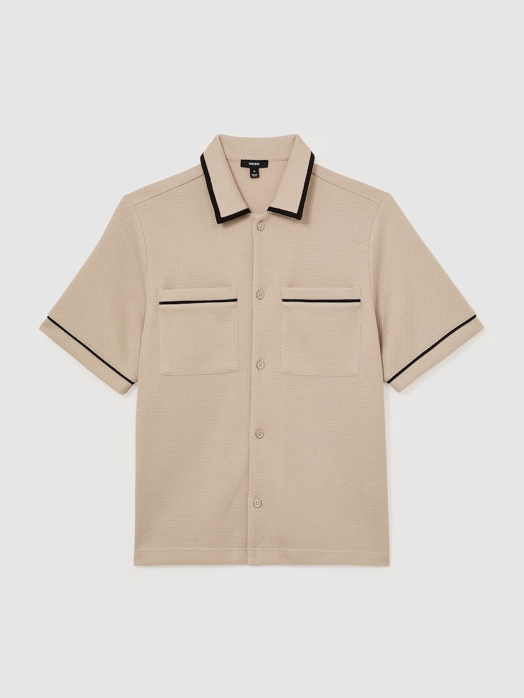 Reiss Stone Weaver Textured Piped Short-Sleeve Shirt - Image 2 of 6 Reiss Stone Weaver Textured Piped Short-Sleeve Shirt - Image 2 of 6