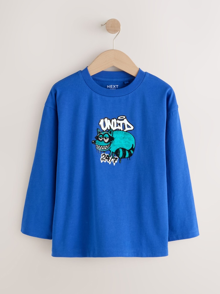 Cobalt Blue Racoon Relaxed Fit Graphic Long Sleeve Cotton T-Shirt (3-16yrs) - Image 1 of 4 Cobalt Blue Racoon Relaxed Fit Graphic Long Sleeve Cotton T-Shirt (3-16yrs) - Image 1 of 4