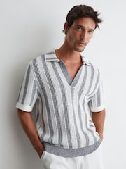 Reiss Soft Blue/White Globe Cotton-Blend Crochet Stripe Polo Shirt - Image 1 of 5