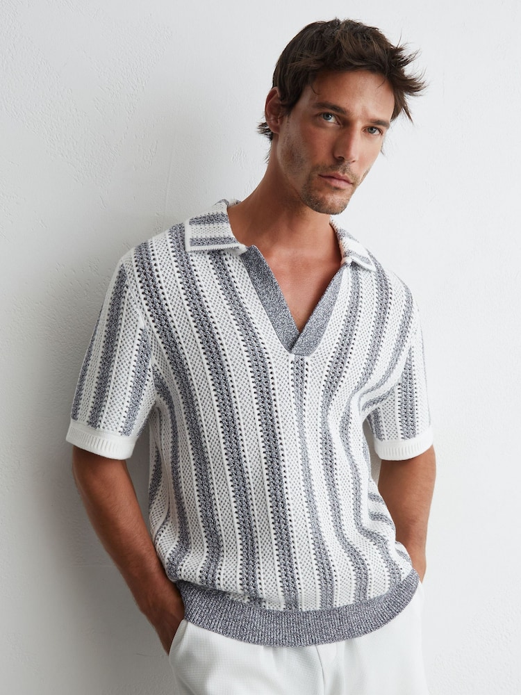 Reiss Soft Blue/White Globe Cotton-Blend Crochet Stripe Polo Shirt - Image 1 of 5 Reiss Soft Blue/White Globe Cotton-Blend Crochet Stripe Polo Shirt - Image 1 of 5