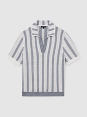 Reiss Soft Blue/White Globe Cotton-Blend Crochet Stripe Polo Shirt - Image 2 of 5