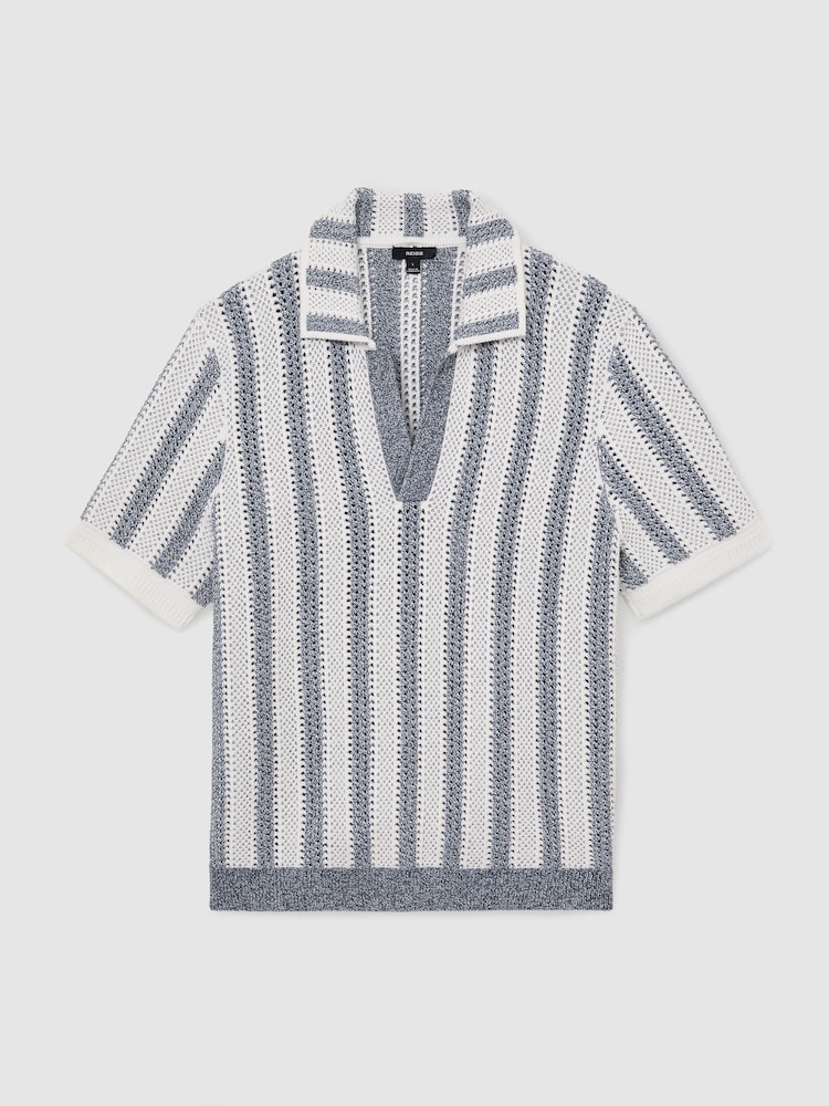 Reiss Soft Blue/White Globe Cotton-Blend Crochet Stripe Polo Shirt - Image 2 of 5 Reiss Soft Blue/White Globe Cotton-Blend Crochet Stripe Polo Shirt - Image 2 of 5