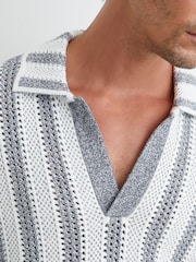 Reiss Soft Blue/White Globe Cotton-Blend Crochet Stripe Polo Shirt - Image 3 of 5
