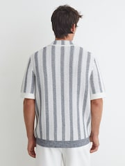 Reiss Soft Blue/White Globe Cotton-Blend Crochet Stripe Polo Shirt - Image 4 of 5