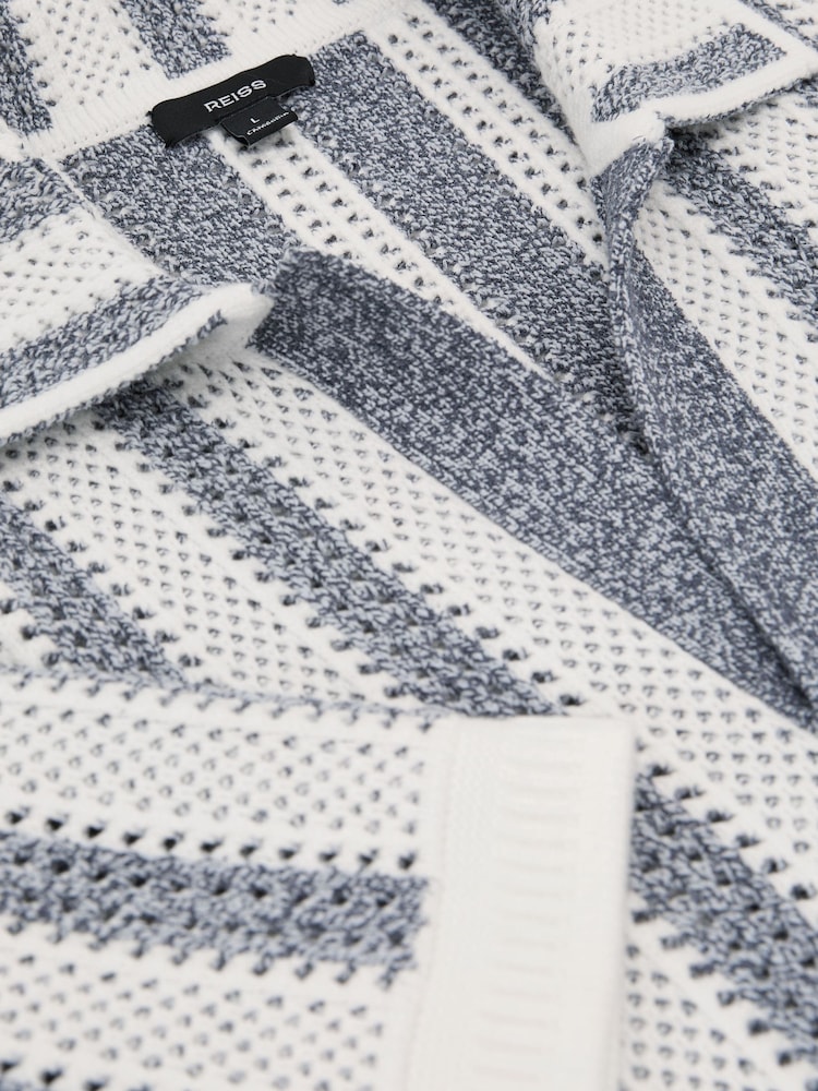 Reiss Soft Blue/White Globe Cotton-Blend Crochet Stripe Polo Shirt - Image 5 of 5 Reiss Soft Blue/White Globe Cotton-Blend Crochet Stripe Polo Shirt - Image 5 of 5
