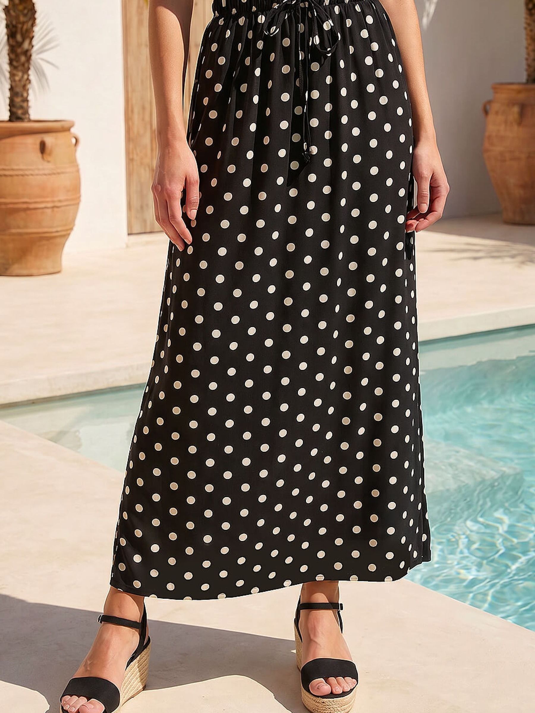 Roman Women's Black Polka Dot Tie Maxi Skirt