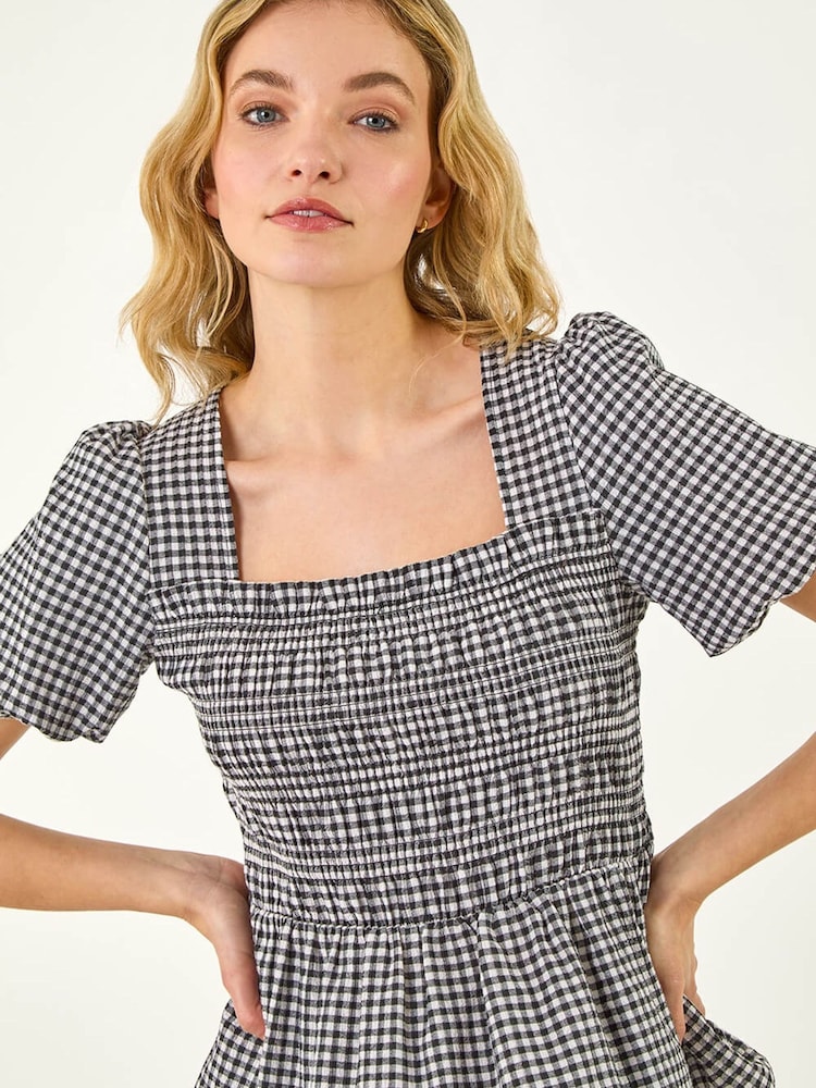 Roman Black Gingham Shirred Top - Image 1 of 5