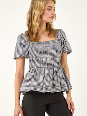 Roman Black Gingham Shirred Top - Image 4 of 5