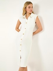 Roman White Collared Ribbed Midi Dress - Image 1 of 6