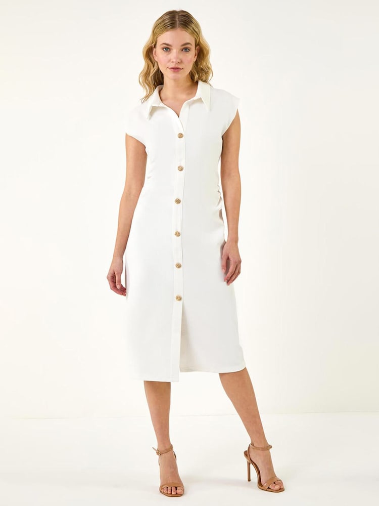 Roman White Collared Ribbed Midi Dress - Image 2 of 6 Roman White Collared Ribbed Midi Dress - Image 2 of 6