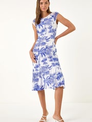 Roman Blue Palm Print Lace Godet Hem Dress - Image 1 of 5