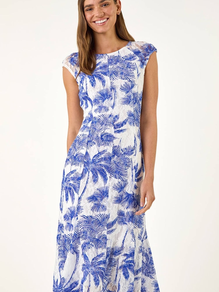 Roman Blue Palm Print Lace Godet Hem Dress - Image 2 of 5