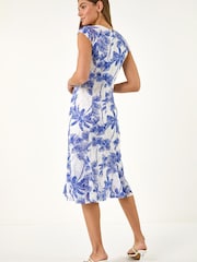 Roman Blue Palm Print Lace Godet Hem Dress - Image 3 of 5
