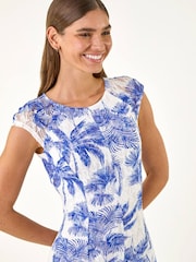 Roman Blue Palm Print Lace Godet Hem Dress - Image 4 of 5