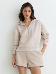 Reiss Stone Neutral Lockie Premium Interlock Half-Zip Hoodie - Image 1 of 6
