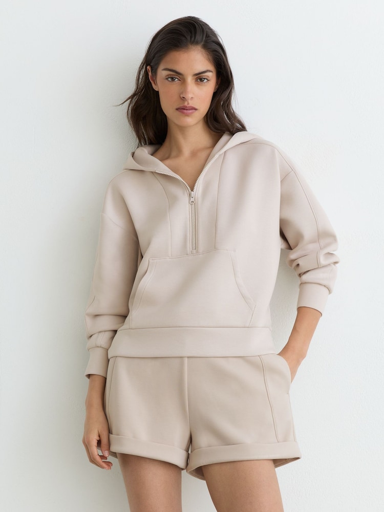 Reiss Stone Neutral Lockie Premium Interlock Half-Zip Hoodie - Image 1 of 6