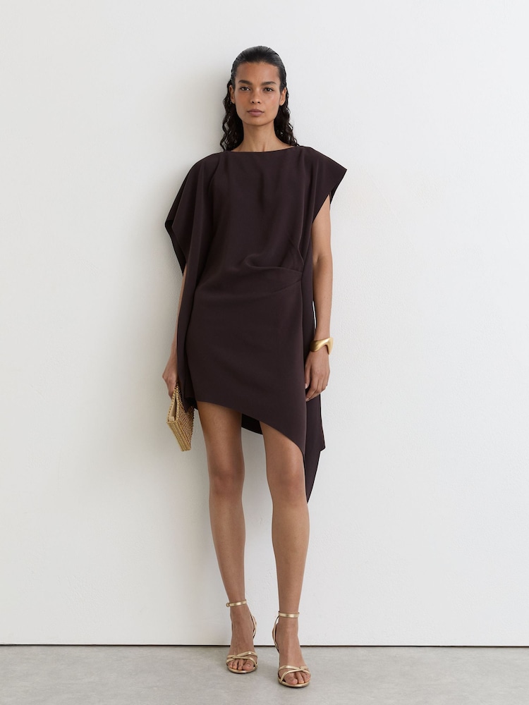 Reiss Grape Burgundy Athena Asymmetric Drape Mini Dress - Image 1 of 8 Reiss Grape Burgundy Athena Asymmetric Drape Mini Dress - Image 1 of 8