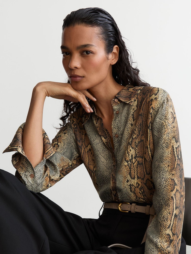 Reiss Neutral/Grey Lyla Snakeskin-Print Long-Sleeve Shirt - Image 1 of 7