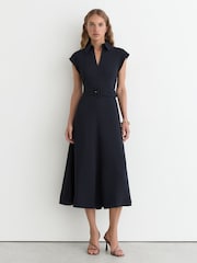 Reiss Navy Sloane Collared Belted Midi Dress - Image 1 of 6