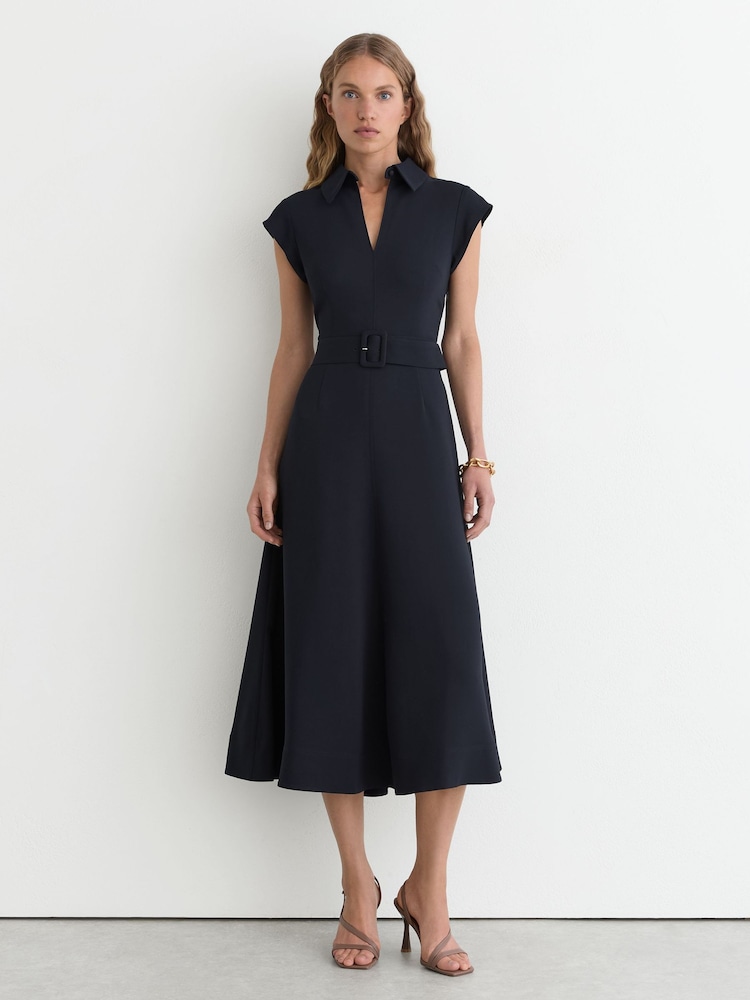 Reiss Navy Sloane Collared Belted Midi Dress - Image 1 of 6
