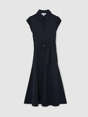 Reiss Navy Sloane Collared Belted Midi Dress - Image 2 of 6