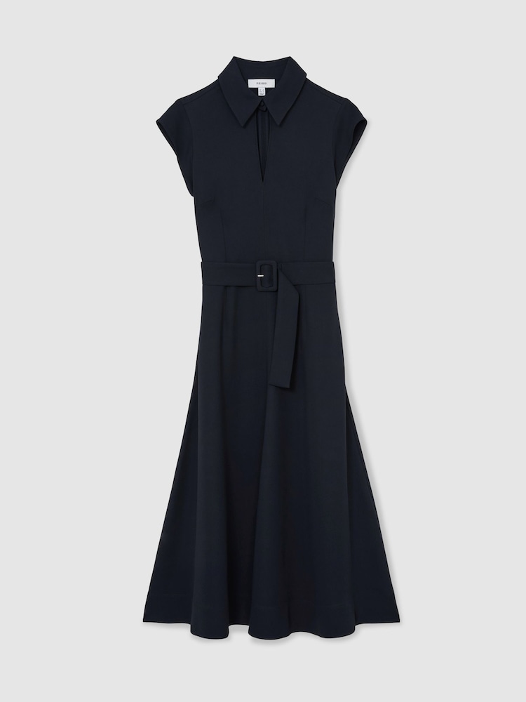 Reiss Navy Sloane Collared Belted Midi Dress - Image 2 of 6