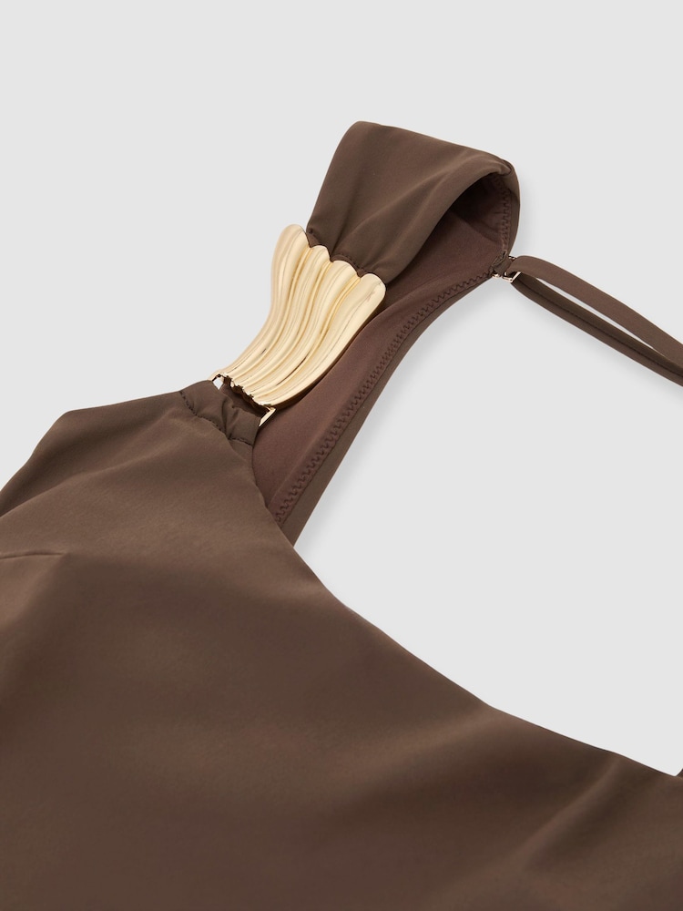 Reiss Mocha Brown Amelie Hardware-Detail Square-Neck Swimsuit - Image 1 of 6