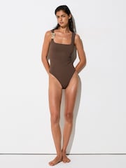 Reiss Mocha Brown Amelie Hardware-Detail Square-Neck Swimsuit - Image 3 of 6
