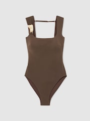 Reiss Mocha Brown Amelie Hardware-Detail Square-Neck Swimsuit - Image 6 of 6