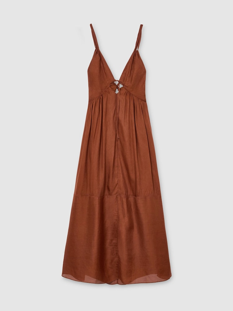 Reiss Toffee Brown Alexia Double-Tie Plunge Maxi Dress with Linen - Image 2 of 9
