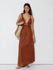 Reiss Toffee Brown Alexia Double-Tie Plunge Maxi Dress with Linen - Image 5 of 9