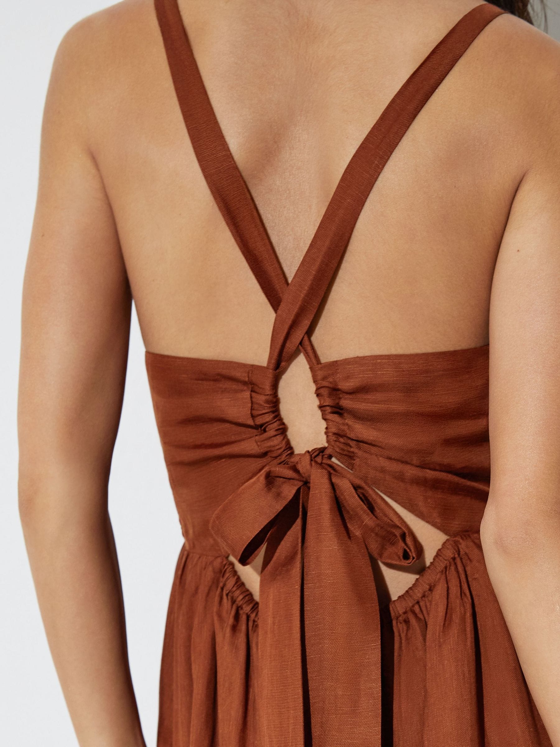 Buy Reiss Toffee Brown Alexia Double-Tie Plunge Maxi Dress with