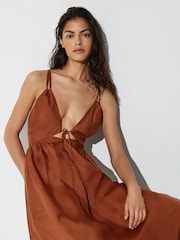 Reiss Toffee Brown Alexia Double-Tie Plunge Maxi Dress with Linen - Image 7 of 9